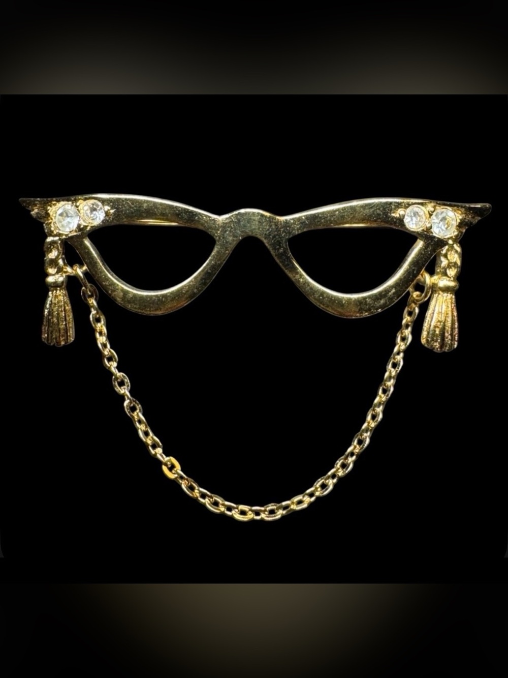 Vintage Avon Gold Tone Cat Eye Glasses Brooch Rhinestone Tassel Pin